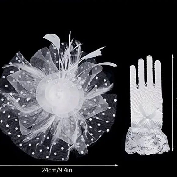 Pearl and Polka Dot Fascinator Wedding Veil With Matching Gloves For Weddings or - Picture 6 of 7